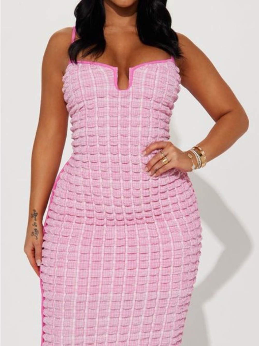 Fashion Nova Pink Textured Bodycon Midi Dress - Sleeveless V-Notch